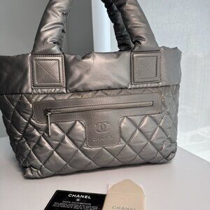 CHANEL Coco Cocoon Shoulder Bag Silver Nylon Leather CC Logo Quilted Hndbag Tote
